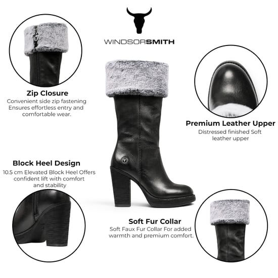 Windsorsmith Womens Mid Calf Black Leather High Heel Fur Boots - Lovestruck - Image 2
