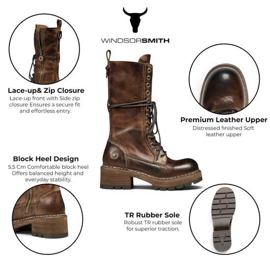 Windsorsmith Dames bruine leren veterschoenen lange gevechtslaarzen - Roam - Image 2