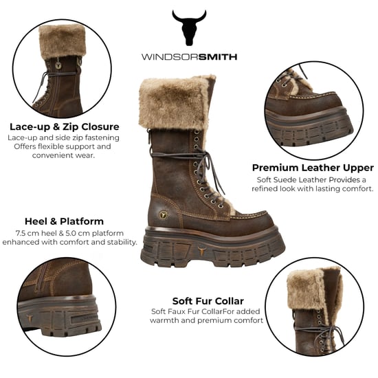 Windsorsmith Bruine Suède Leren Platform Combat Fur Laarzen voor Dames - Saintly - Image 2