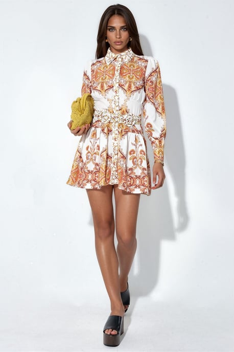 Printed Mini Shirt Dress With Belt - Image 1