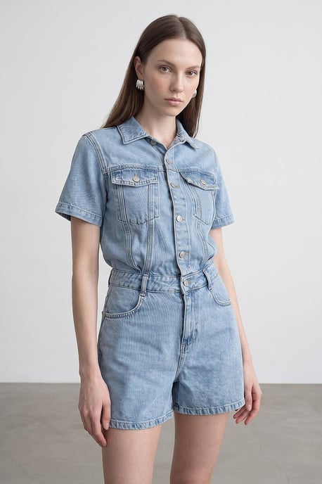 Denim Dungaree Shorts Met Kraag - Image 1