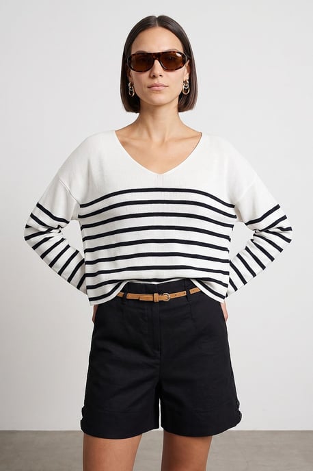 Striped V-neck Ribbed Knit Sweater - Image 1