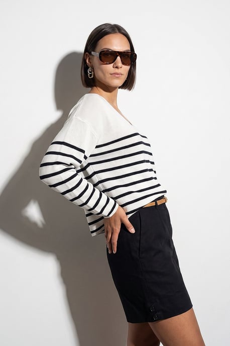Striped V-neck Ribbed Knit Sweater - Image 3
