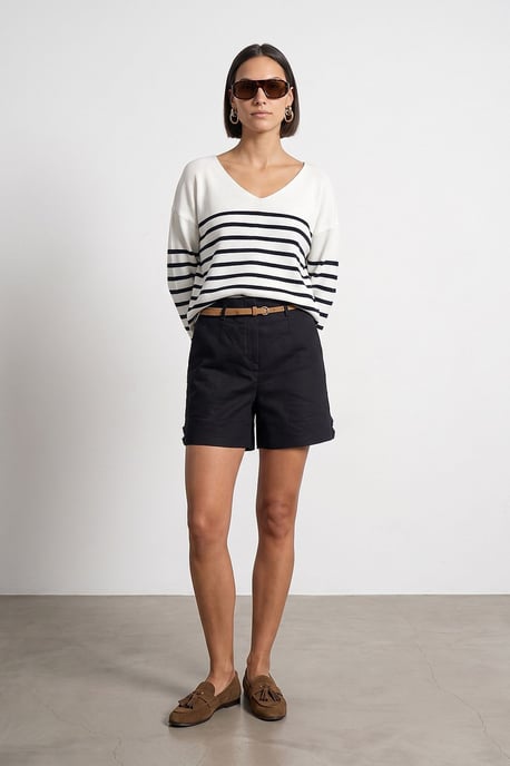 Striped V-neck Ribbed Knit Sweater - Image 4