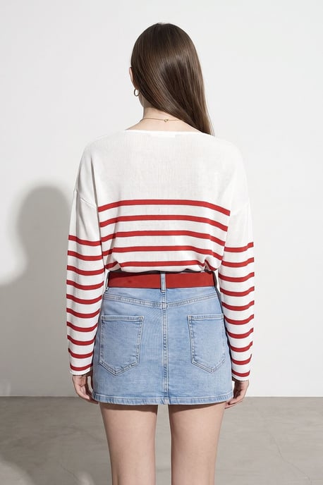 Striped V-neck Ribbed Knit Sweater - Image 2