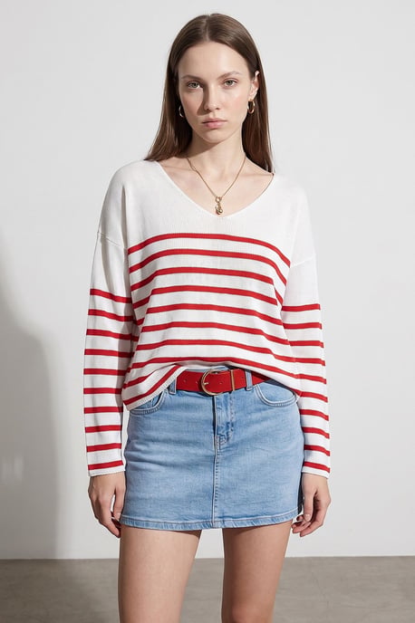 Striped V-neck Ribbed Knit Sweater - Image 3