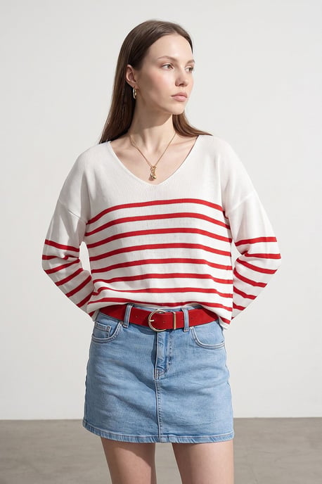 Striped V-neck Ribbed Knit Sweater - Image 4