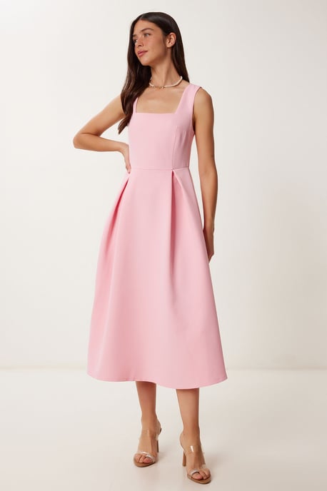 Square Collar A-Form Midi Dress with Zipper Closure - Image 1