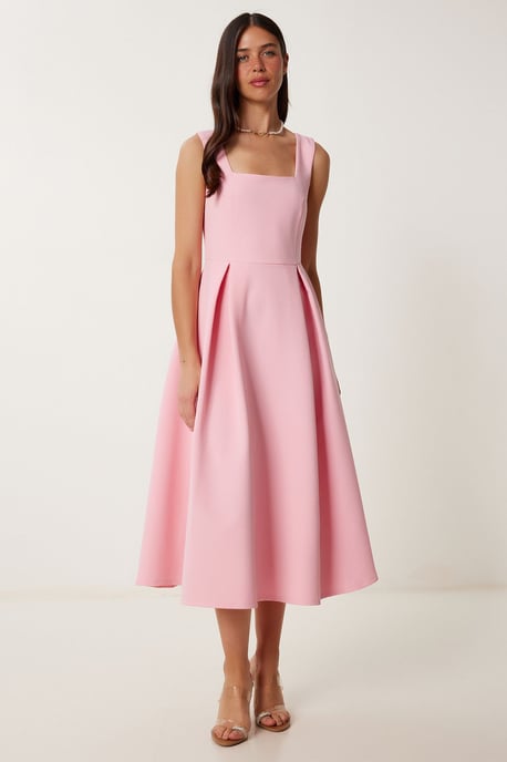 Square Collar A-Form Midi Dress with Zipper Closure - Image 2