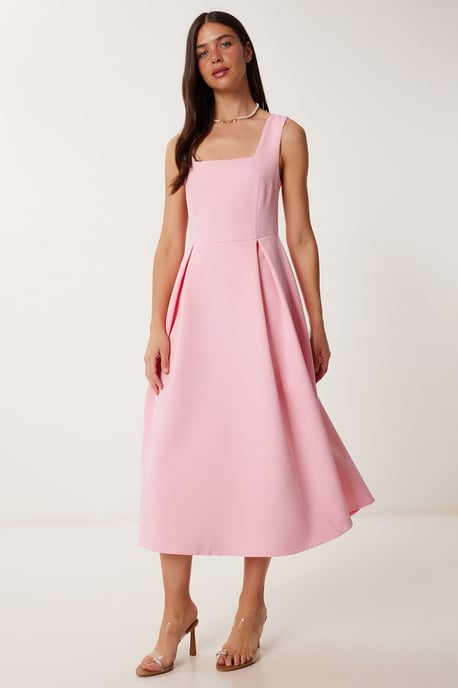 Square Collar A-Form Midi Dress with Zipper Closure - Image 3