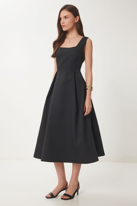 Square Collar A-Form Midi Dress with Zipper Closure - Image 2