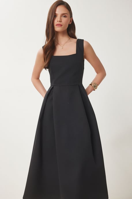 Square Collar A-Form Midi Dress with Zipper Closure - Image 3