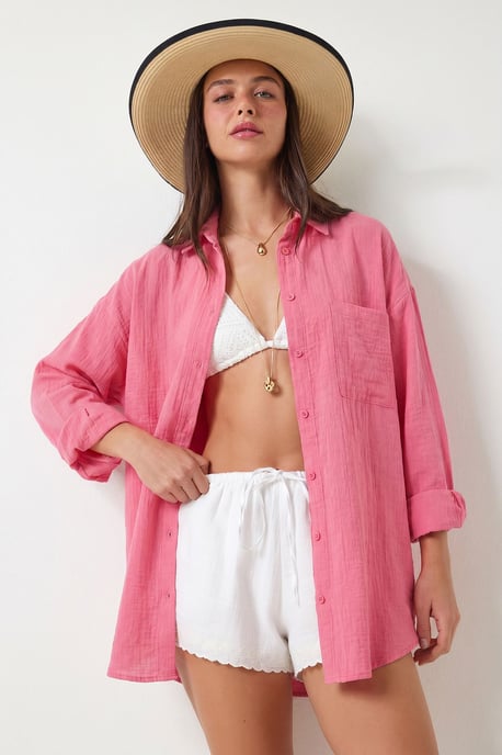 Oversized Textured Cotton Shirt with Pocket - Image 2