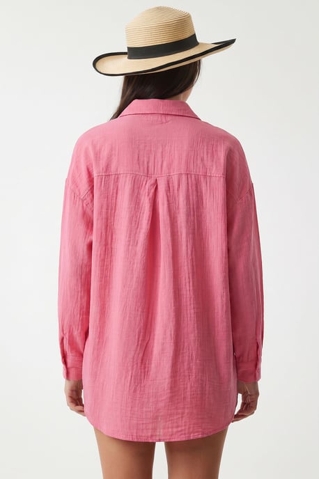 Oversized Textured Cotton Shirt with Pocket - Image 4