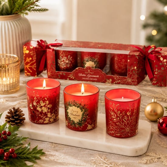 WDMT Set van 3 kerst geurkaarsen – geurkaarsen in rood bedrukt glas – luxe - Image 2
