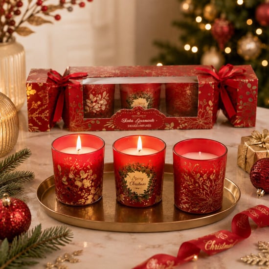 WDMT Set van 3 kerst geurkaarsen – geurkaarsen in rood bedrukt glas – luxe - Image 3