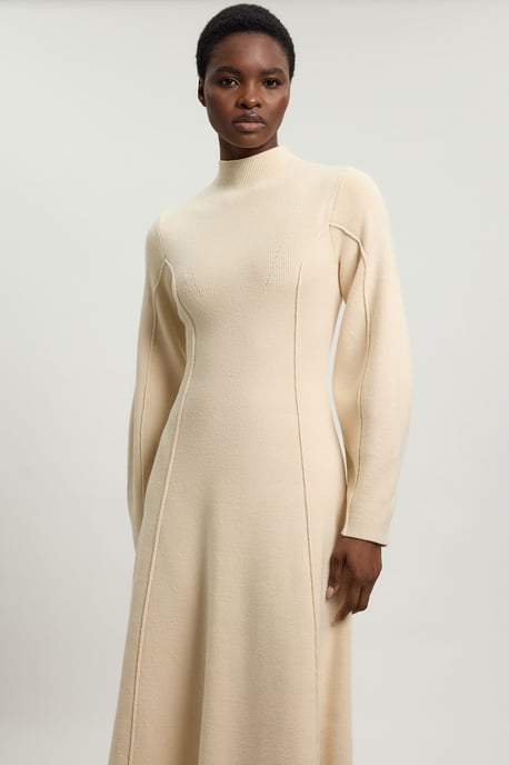Wool Look Rounded Sleeve High Neck Knit Midi Dress - Image 2