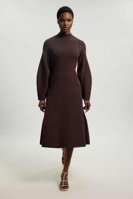 Wool Look Rounded Sleeve High Neck Knit Midi Dress - Image 1