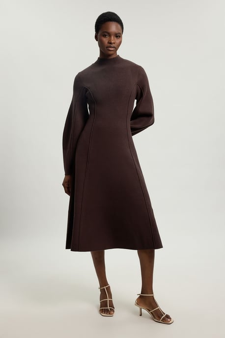 Wool Look Rounded Sleeve High Neck Knit Midi Dress - Image 4