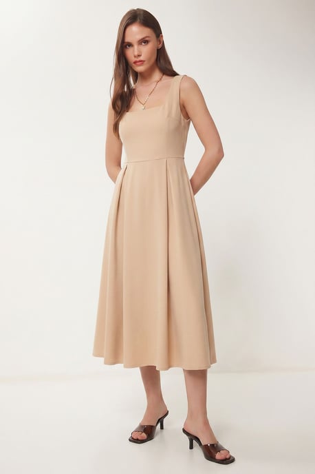 Square Collar A-Form Midi Dress with Zipper Closure - Image 2