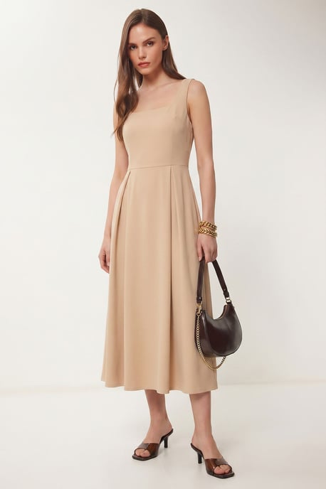 Square Collar A-Form Midi Dress with Zipper Closure - Image 3