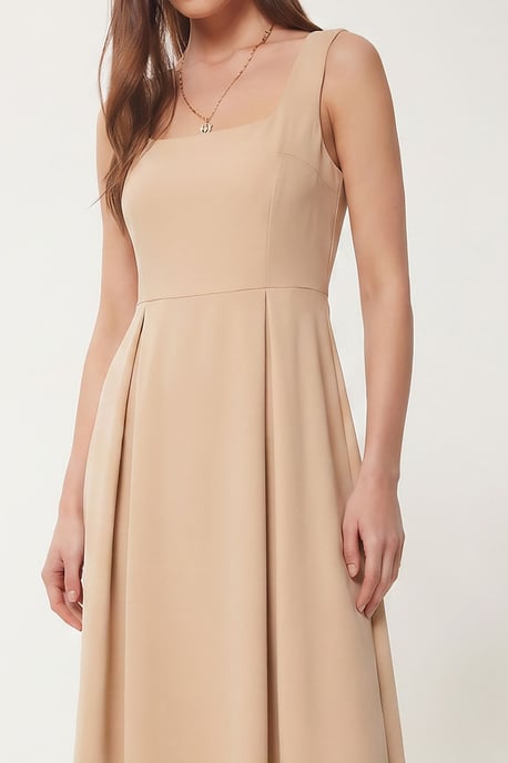 Square Collar A-Form Midi Dress with Zipper Closure - Image 4