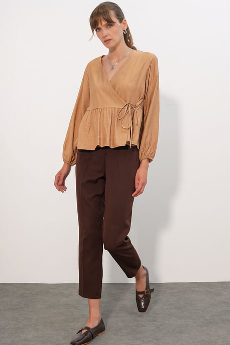 V-Neck Tie Detail Crepe Wrap Blouse - Image 2