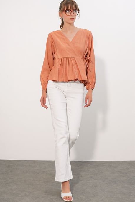 V-Neck Tie Detail Crepe Wrap Blouse - Image 2