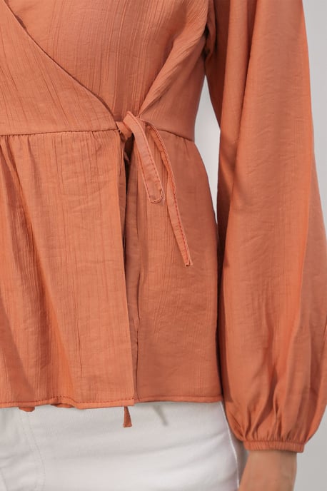 V-Neck Tie Detail Crepe Wrap Blouse - Image 4