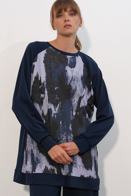Oversize Abstract Print Crew Neck Tunic & Pants Set - Image 2