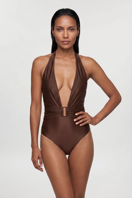 Metallic Halter Neck Hardware Detail Plunge Swimsuit - Image 1