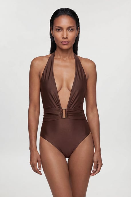 Metallic Halter Neck Hardware Detail Plunge Swimsuit - Image 4