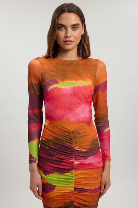Marbled Print Mesh Ruched Maxi Dress - Image 2