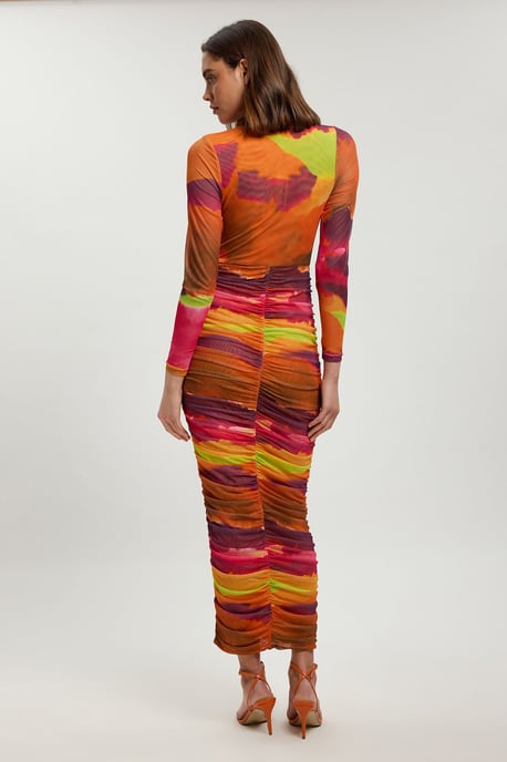Marbled Print Mesh Ruched Maxi Dress - Image 3