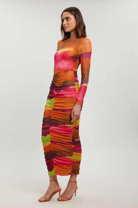 Marbled Print Mesh Ruched Maxi Dress - Image 4