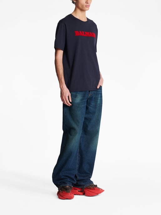 Flocked Logo-print T-Shirt in Navy - Image 3