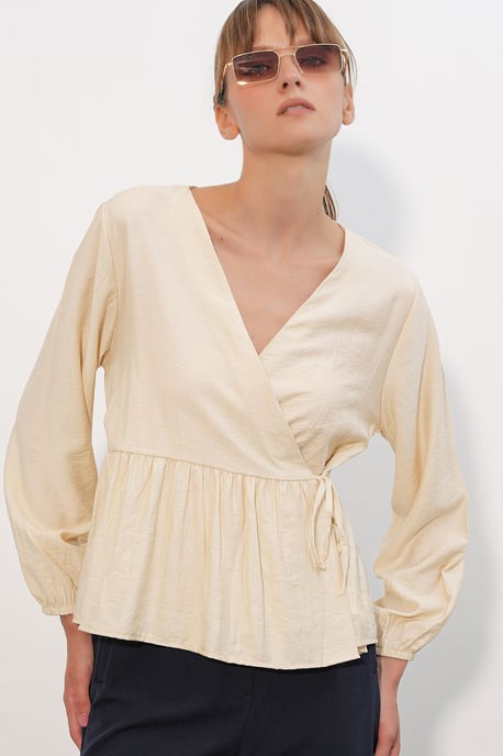 V-Neck Tie Detail Crepe Wrap Blouse - Image 1