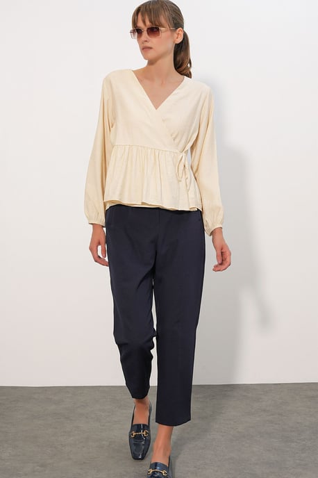 V-Neck Tie Detail Crepe Wrap Blouse - Image 2