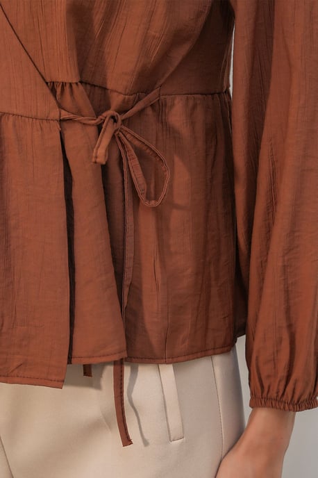 V-Neck Tie Detail Crepe Wrap Blouse - Image 4