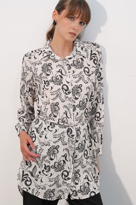Bloemige Viscose Crepe Oversized Lange Blouse met Ceintuur - Image 3