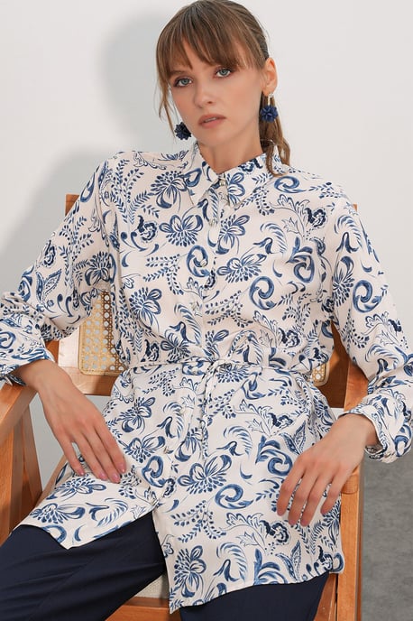 Bloemige Viscosel Crepe Riemlongshirt - Image 1