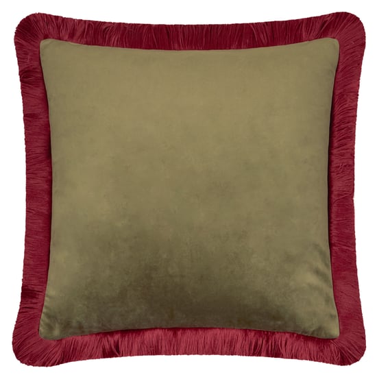 Furn Halo Fringed Velvet Cushion Cover, Fir Green/Dark Red - Image 1