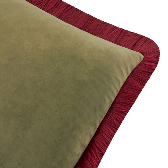 Furn Halo Fringed Velvet Cushion Cover, Fir Green/Dark Red - Image 2