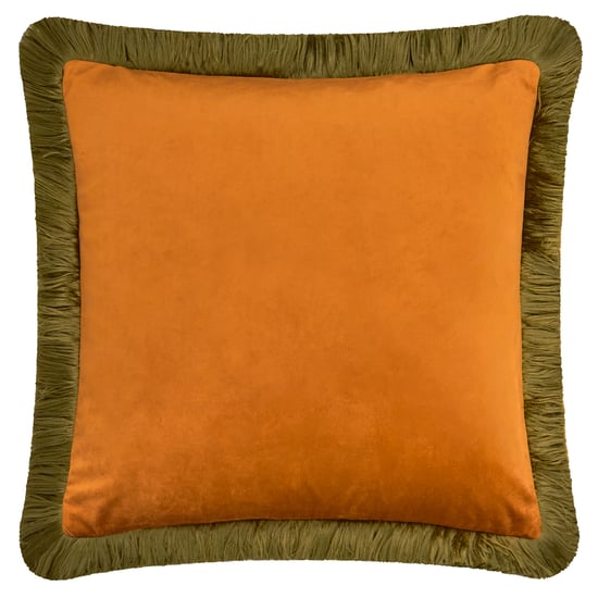 Furn Halo Fringed Velvet Cushion Cover, Ginger/Olive - Image 1