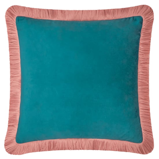 Furn Halo Fringed Velvet Cushion Cover, Teal/Blush - Image 1