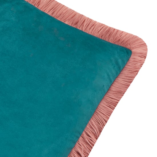 Furn Halo Fringed Velvet Cushion Cover, Teal/Blush - Image 2