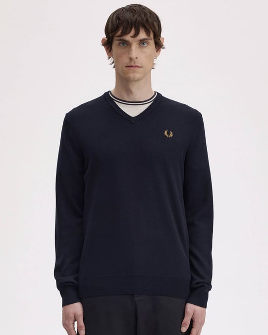 Regular Fit Long Sleeve V Neck Jumper in Dark Navy - Image 1
