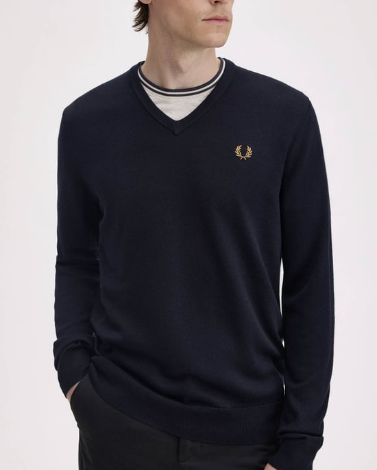 Regular Fit Long Sleeve V Neck Jumper in Dark Navy - Image 3