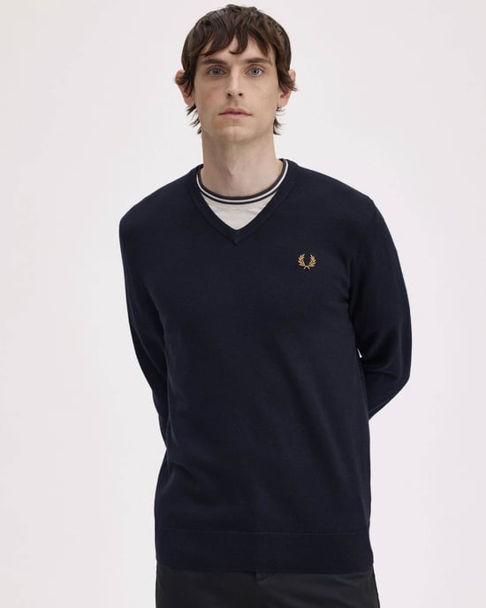 Regular Fit Long Sleeve V Neck Jumper in Dark Navy - Image 6
