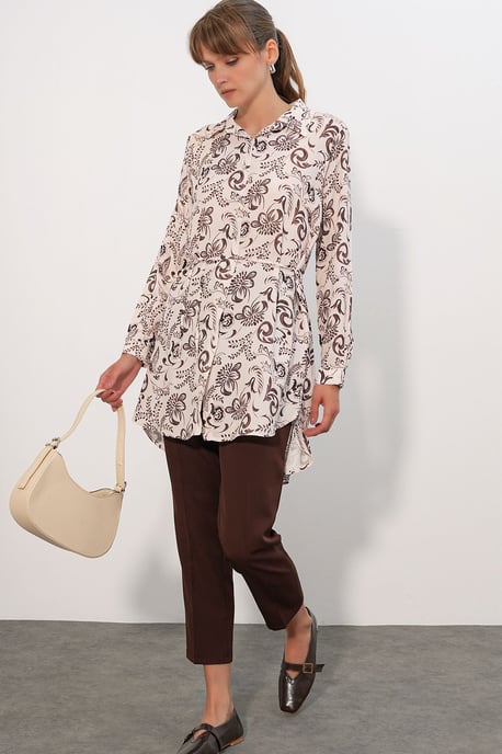 Floral Viscose Crepe Gemaakt Lange Shirt met Ceintuur - Image 2
